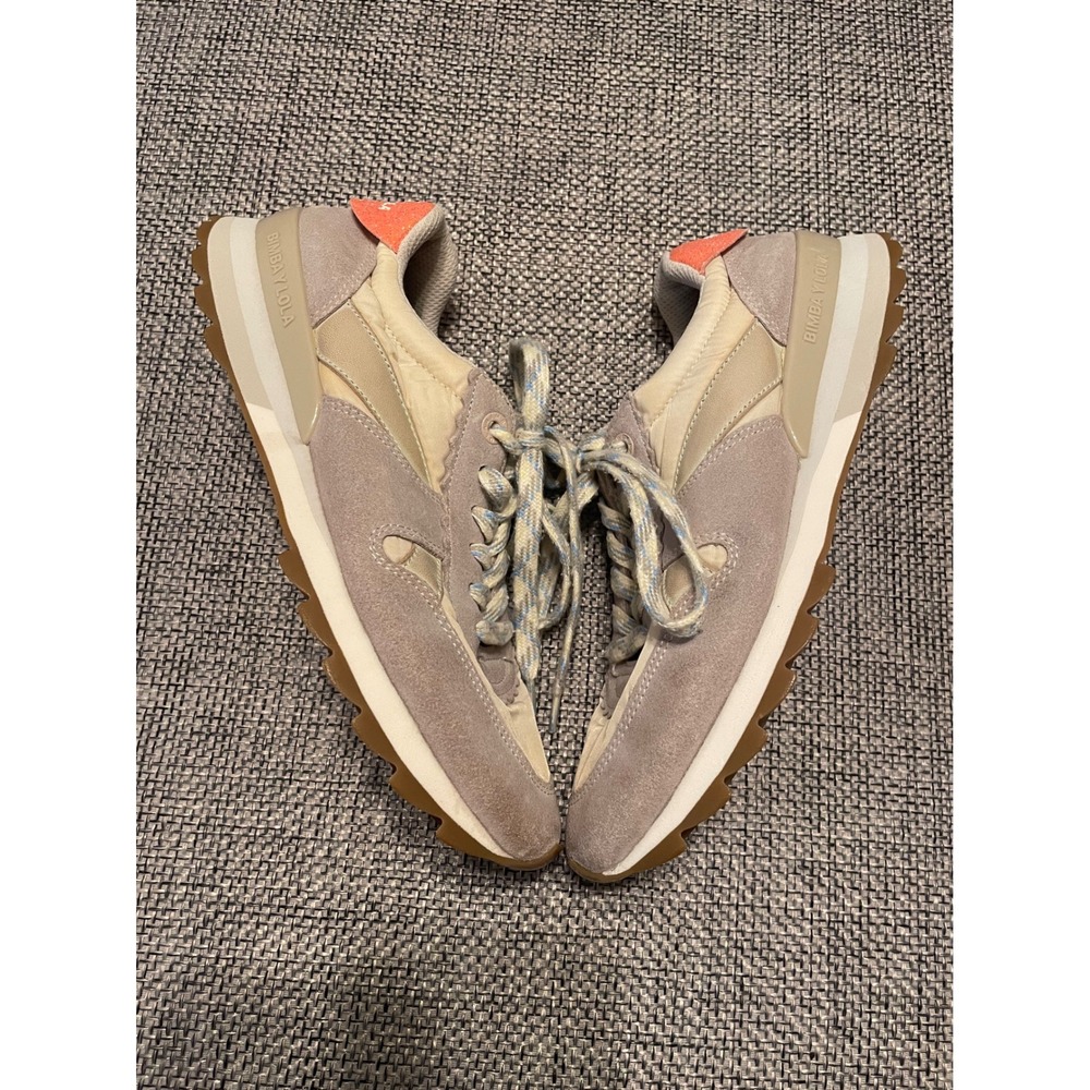 Bimba Y Lola Women Beige Grey Suede Nylon Glitter Sneakers EUR 37